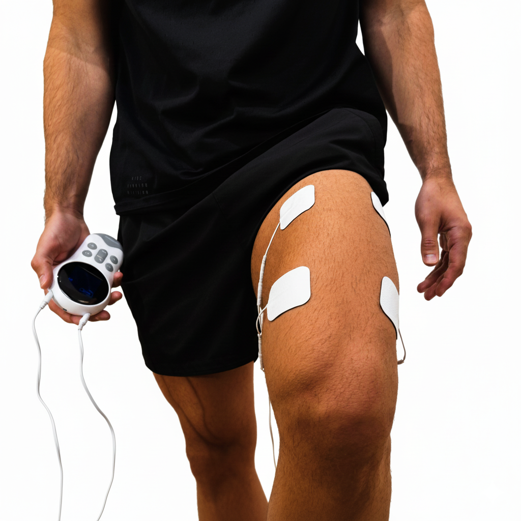 Man die TENS-elektroden op het dijbeen gebruikt voor pijnverlichting met de Vitality Pro TENS van Jumper Vitality
