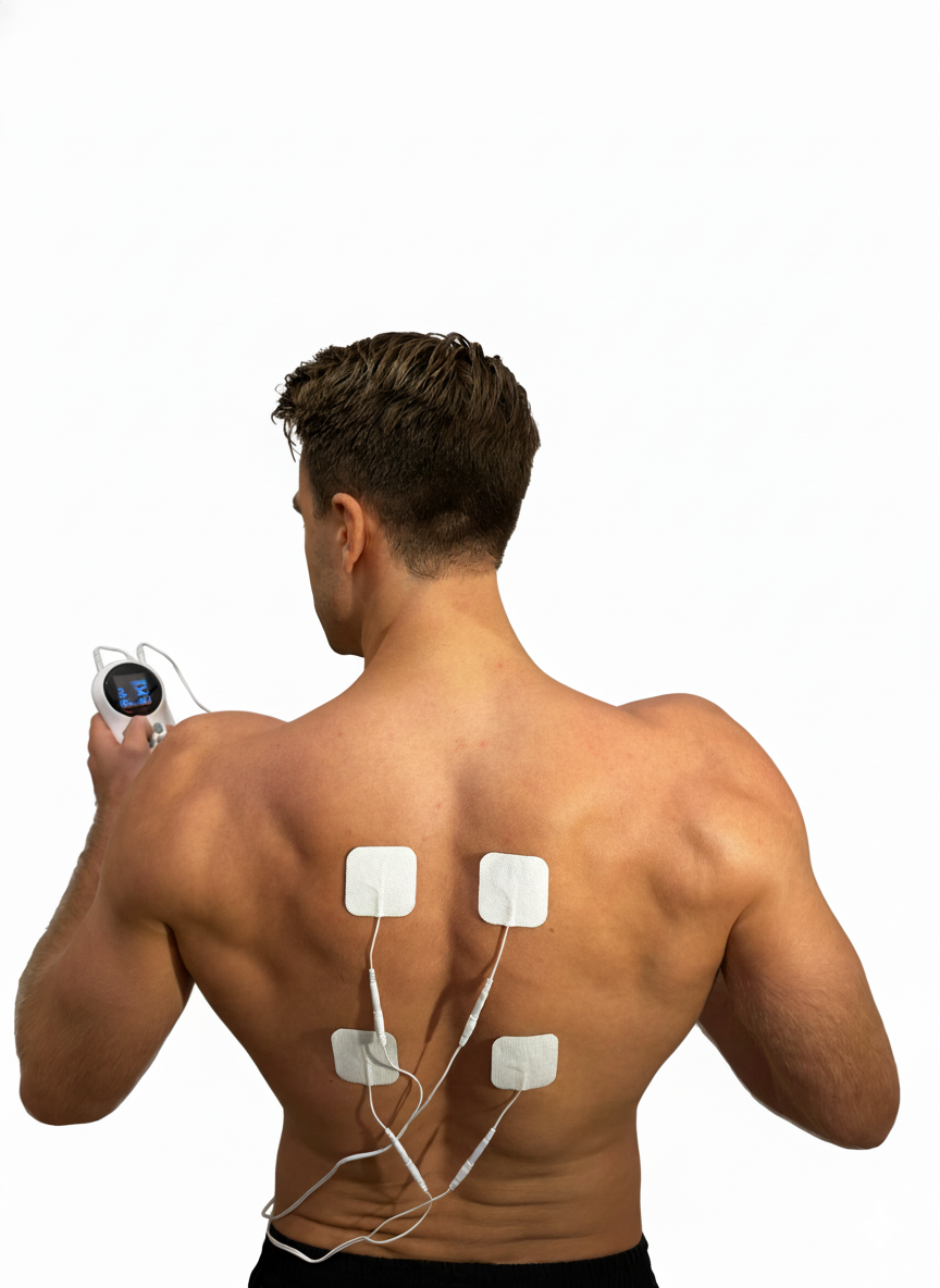 Man med TENS elektroder på ryggen som använder Vitality Pro TENS för smärtlindring från Jumper Vitality